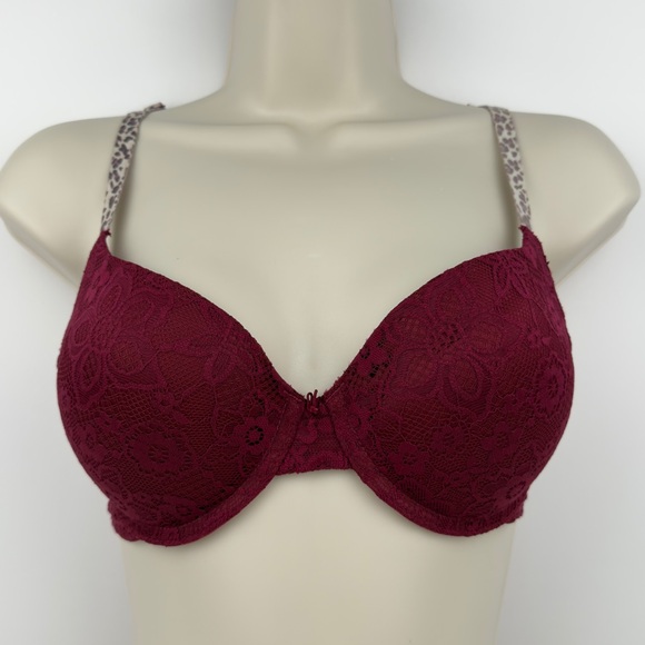 No Boundaries Other - No Boundaries Push Up Bra 38B Burgundy Lace Padded Underwire Leopard Straps